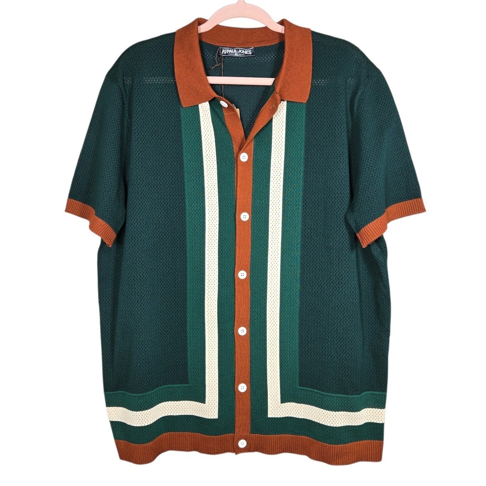 PJ Paul Jones Men Shirt XL Green Stripe Knit Retro 70s Short Sleeve Button Up
